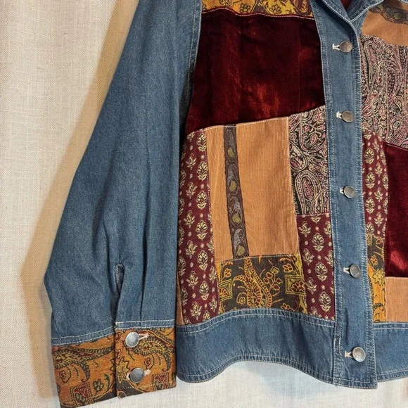 Out Of The Blue J Jill Women's Denim Patchwork Tapestry Lined Jean Jacket Sz XL - Picture 13 of 13